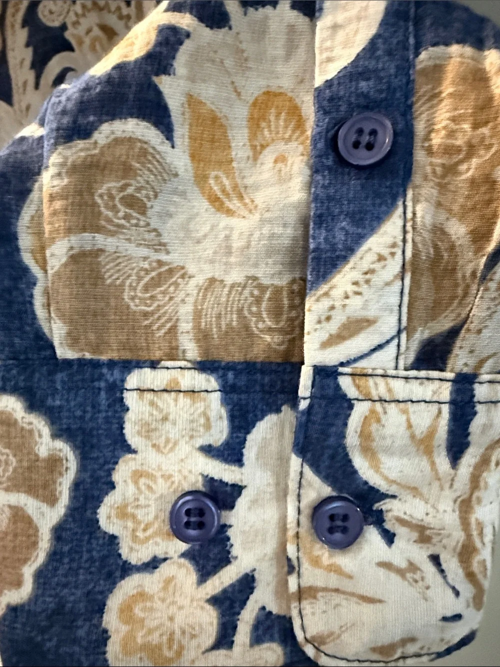 Tamara H. Navy Blue Shirt with Gold and Cream Floral Print, NWTs